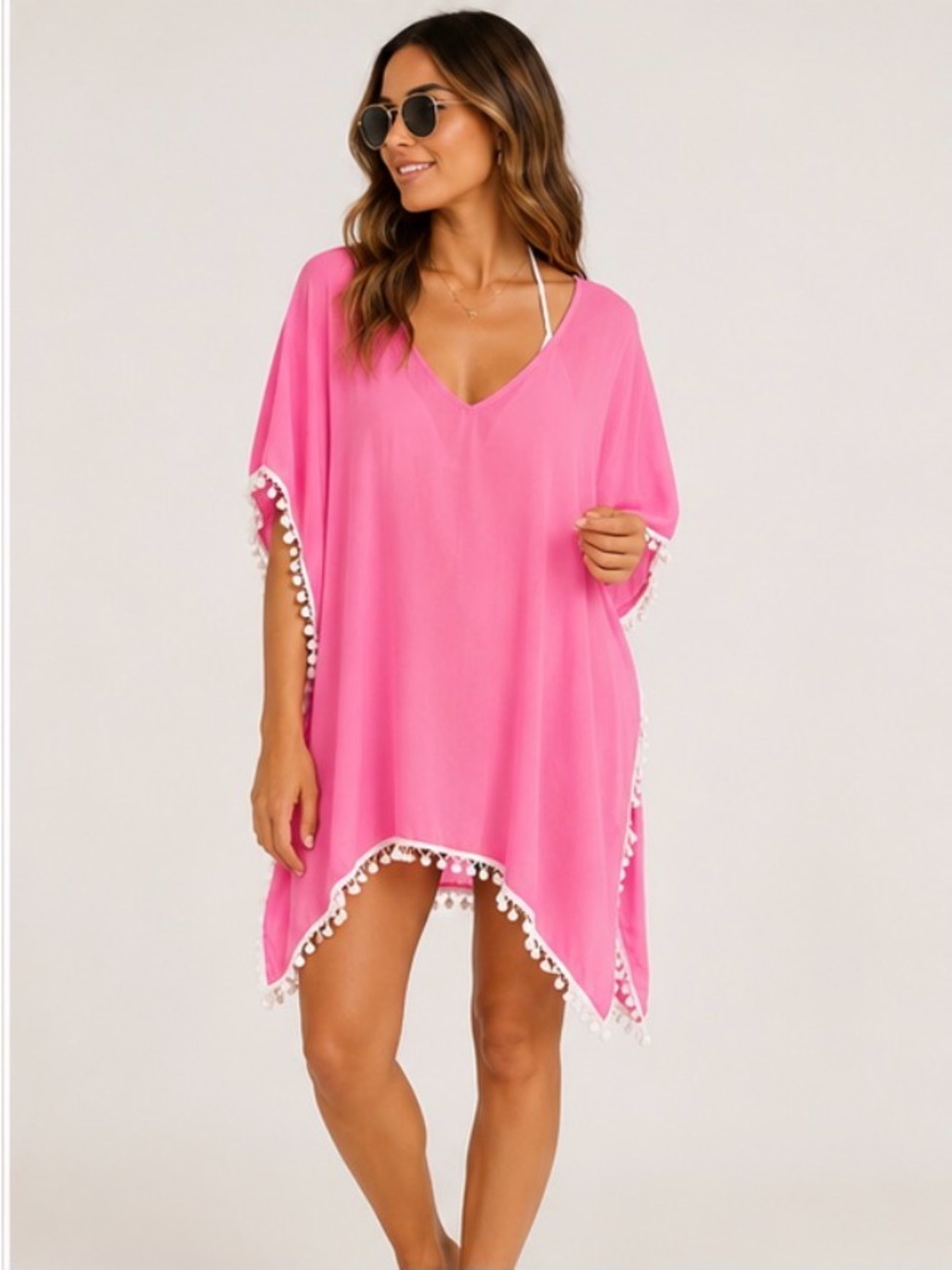 Women's Pink Pom-Pom V-Neck Swim Coverup